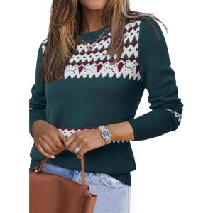 Arach&Cloz Women’s Wool Blend Classic Crew Neck Casual Fall Sweaters(Fair Isle-dark Green)