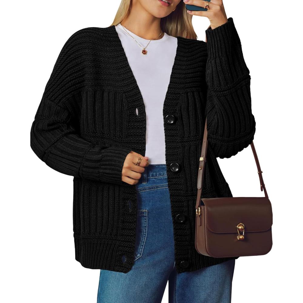 imageArachampampCloz Womens Wool Blend Chunky Knit Winter Cardigan Sweaters 2025Black