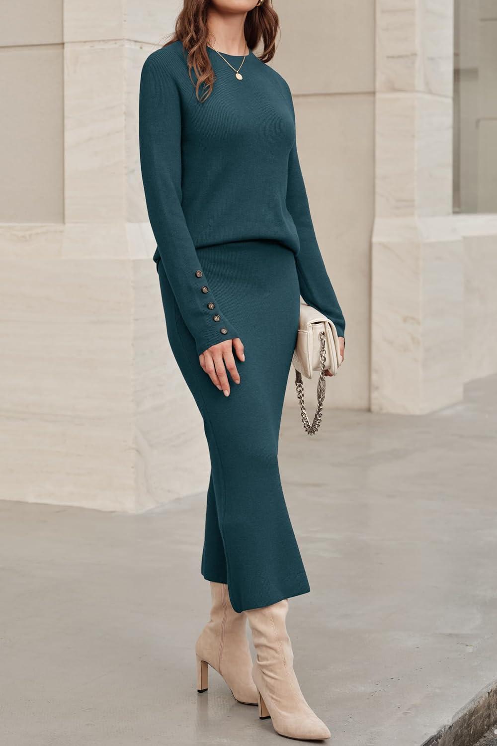 imageArachampampCloz Womens Wool Blend Sweater 2 Piece Sets Winter Business Long Sleeve Top Midi Skirts Outfits 2025Bluish Green