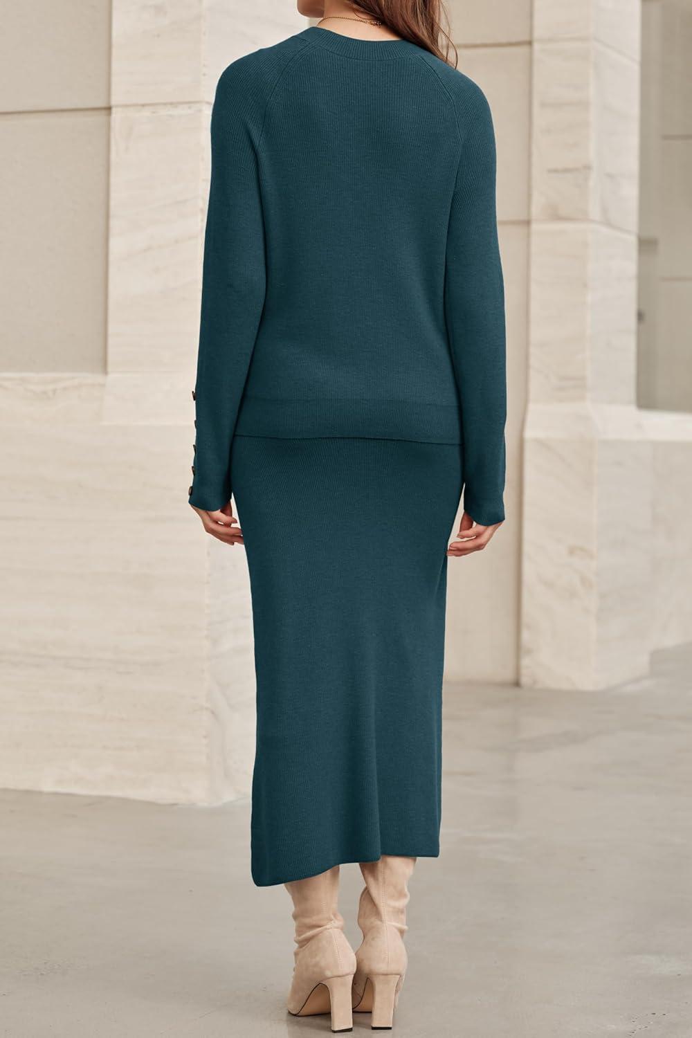 imageArachampampCloz Womens Wool Blend Sweater 2 Piece Sets Winter Business Long Sleeve Top Midi Skirts Outfits 2025Bluish Green