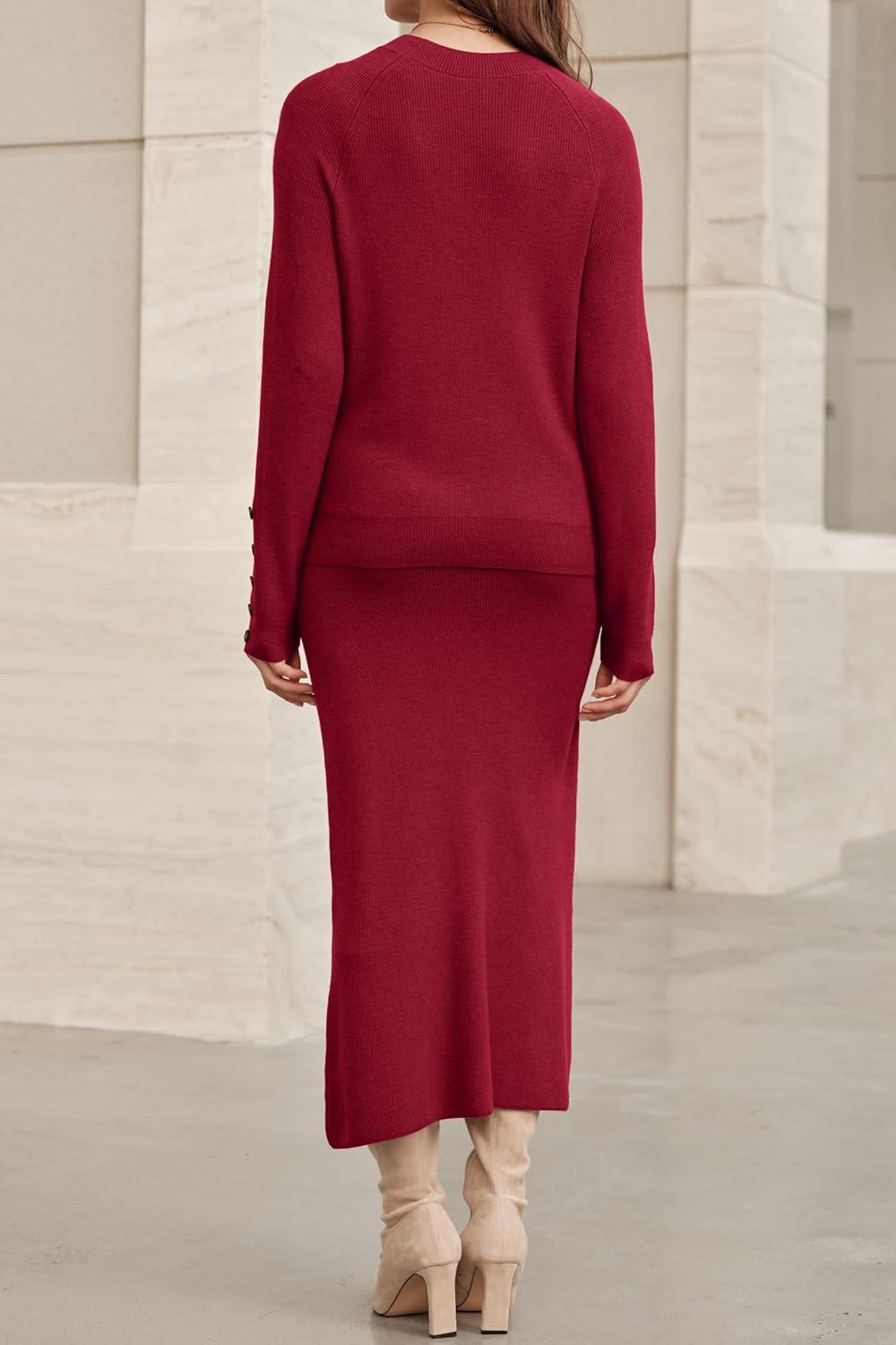 imageArachampampCloz Womens Wool Blend Sweater 2 Piece Sets Winter Business Long Sleeve Top Midi Skirts Outfits 2025Burgundy