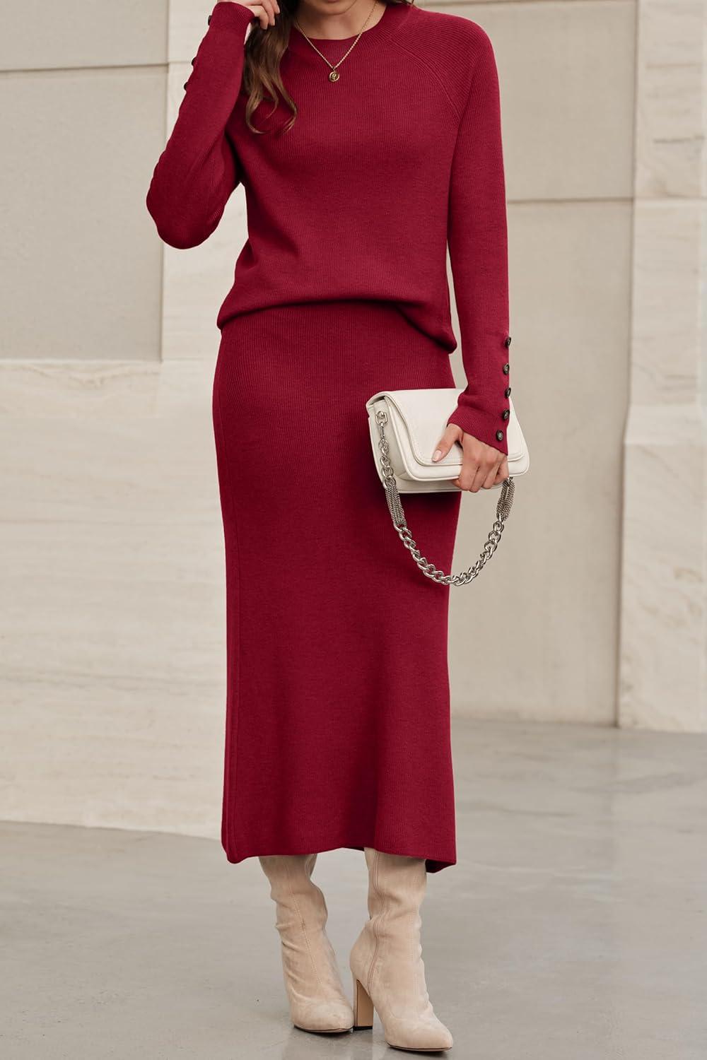 imageArachampampCloz Womens Wool Blend Sweater 2 Piece Sets Winter Business Long Sleeve Top Midi Skirts Outfits 2025Burgundy