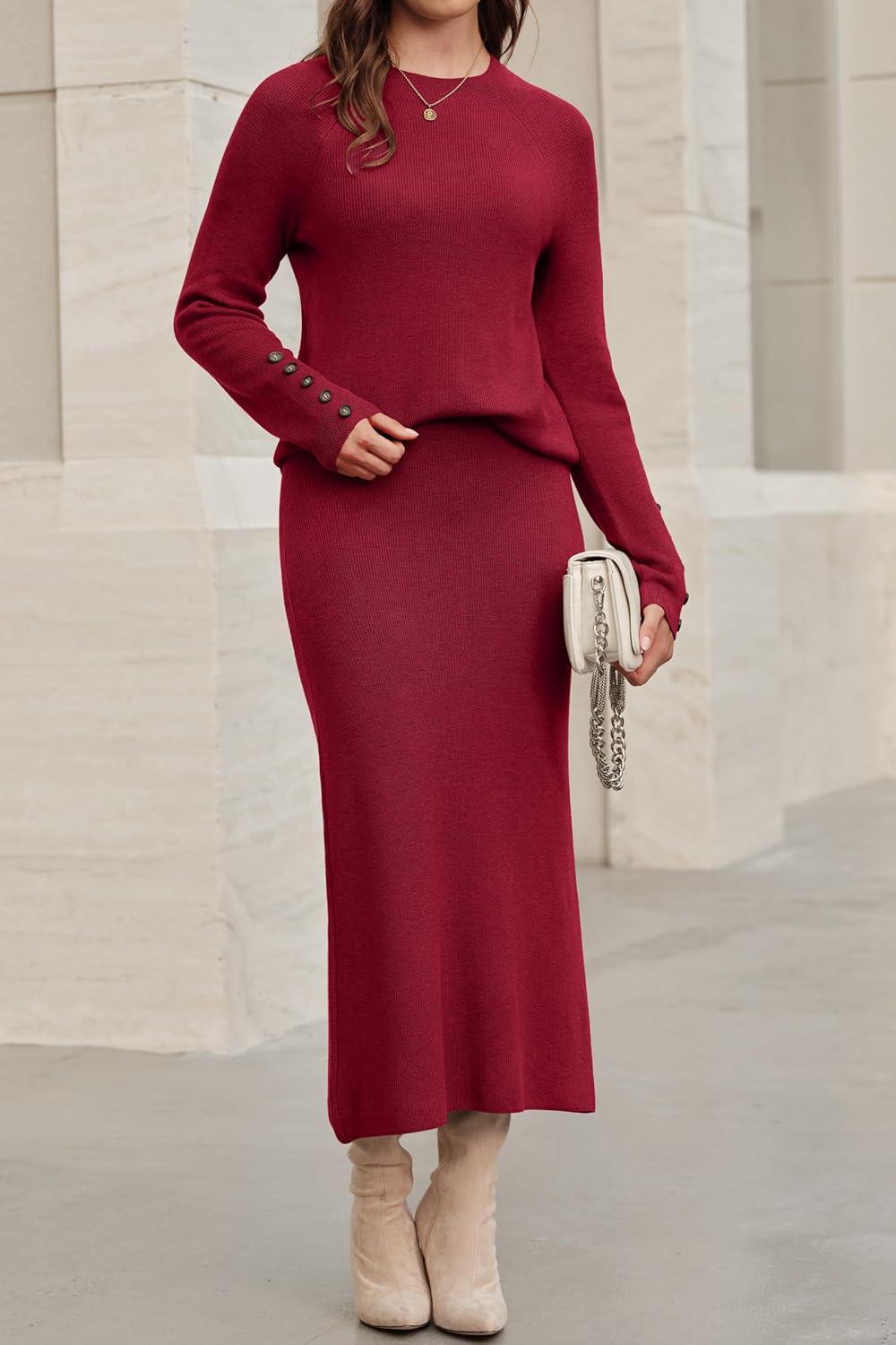 imageArachampampCloz Womens Wool Blend Sweater 2 Piece Sets Winter Business Long Sleeve Top Midi Skirts Outfits 2025Burgundy