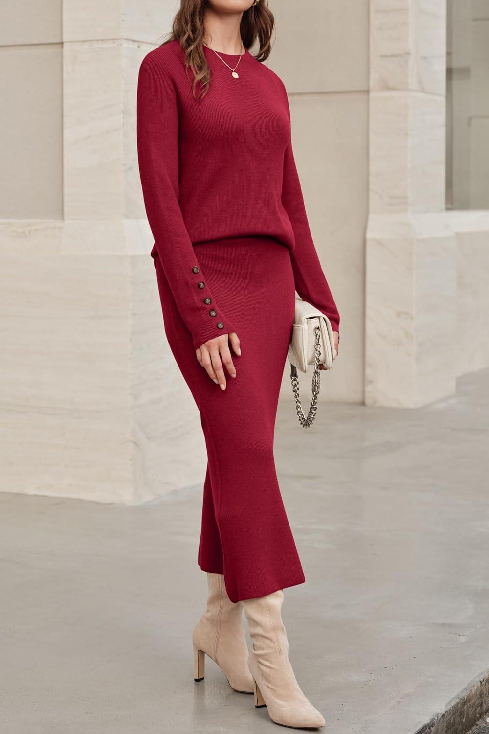 imageArachampampCloz Womens Wool Blend Sweater 2 Piece Sets Winter Business Long Sleeve Top Midi Skirts Outfits 2025Burgundy
