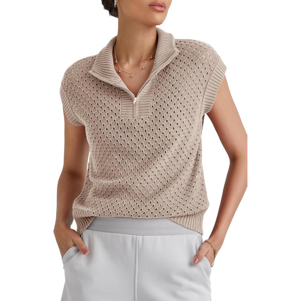 imageArachampampCloz Womens Summer Cap Sleeve Sweater Vest 2025 Spring Casual Quarter Zip Hollow Out Crochet Polo V Neck TopsApricot