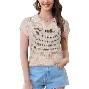 Arach&Cloz 2025 Women’s Crochet Cap Sleeve Knit Tops Spring Summer Shirts Lightweight Collared Hollow Out Casual Blouses(Apricot)