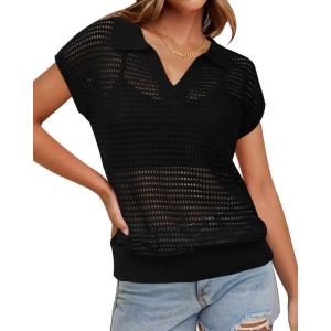 Arach&Cloz 2025 Women’s Crochet Cap Sleeve Knit Tops Spring Summer Shirts Lightweight Collared Hollow Out Casual Blouses(Black)