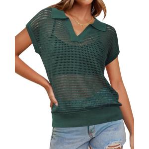 Arach&Cloz 2025 Women’s Crochet Cap Sleeve Knit Tops Spring Summer Shirts Lightweight Collared Hollow Out Casual Blouses(Green)