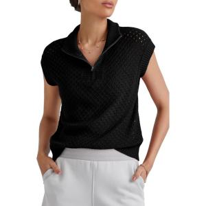 Arach&Cloz Womens Summer Cap Sleeve Sweater Vest 2025 Spring Casual Quarter Zip Hollow Out Crochet Polo V Neck Tops(Black)