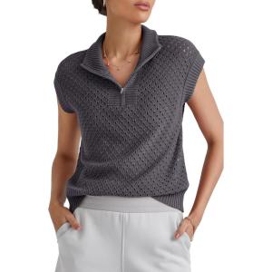 Arach&Cloz Womens Summer Cap Sleeve Sweater Vest 2025 Spring Casual Quarter Zip Hollow Out Crochet Polo V Neck Tops(Dark Grey)