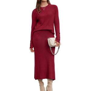 Arach&Cloz Women’s Wool Blend Sweater 2 Piece Sets Winter Business Long Sleeve Top Midi Skirts Outfits 2025(Burgundy)