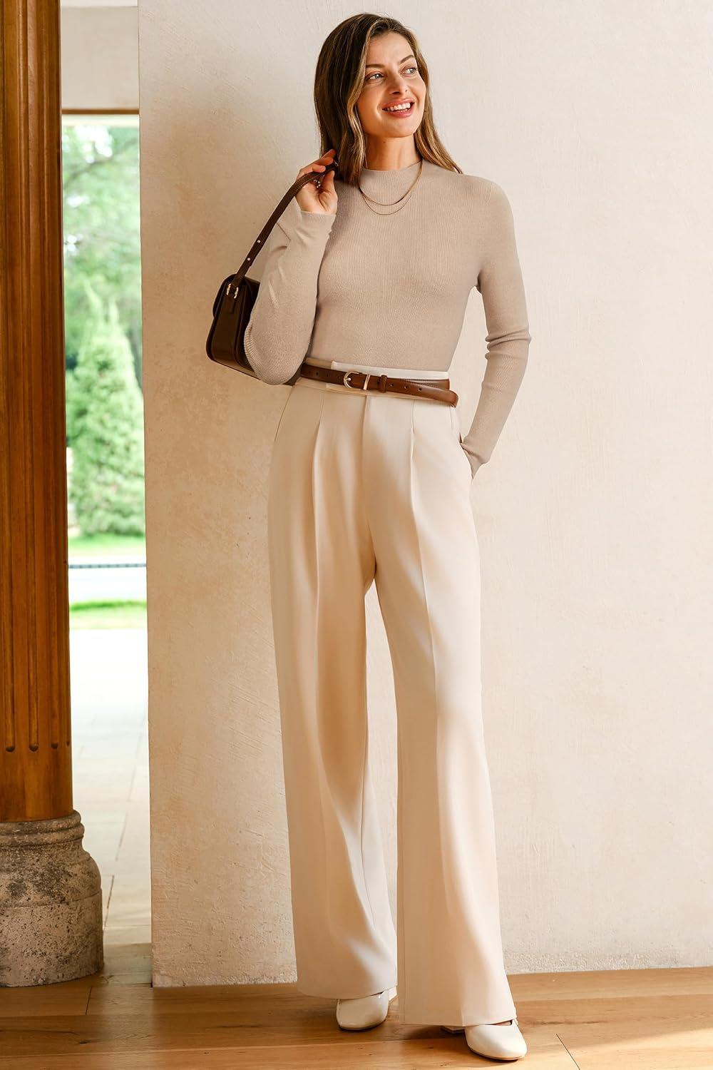 imageArachampampCloz Womens Wool Blend Fall Seamless Rip Resistant Warm Layered Tops Business Casual SweatersAapricot