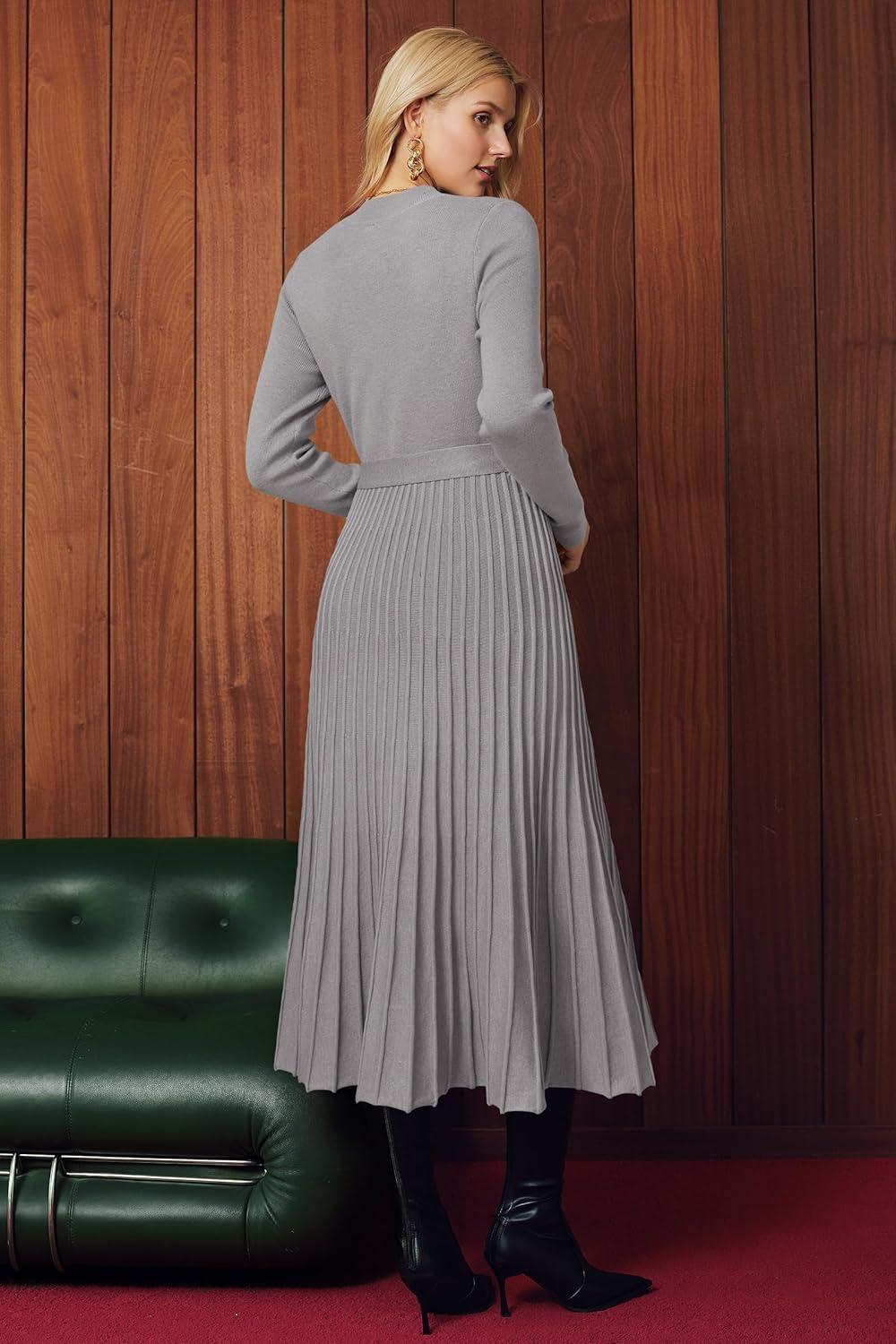 imageArachampampCloz Womens Wool Blend Mock Neck Tie Waist Fall Winter Pleated Sweater Dress 2025Taupe