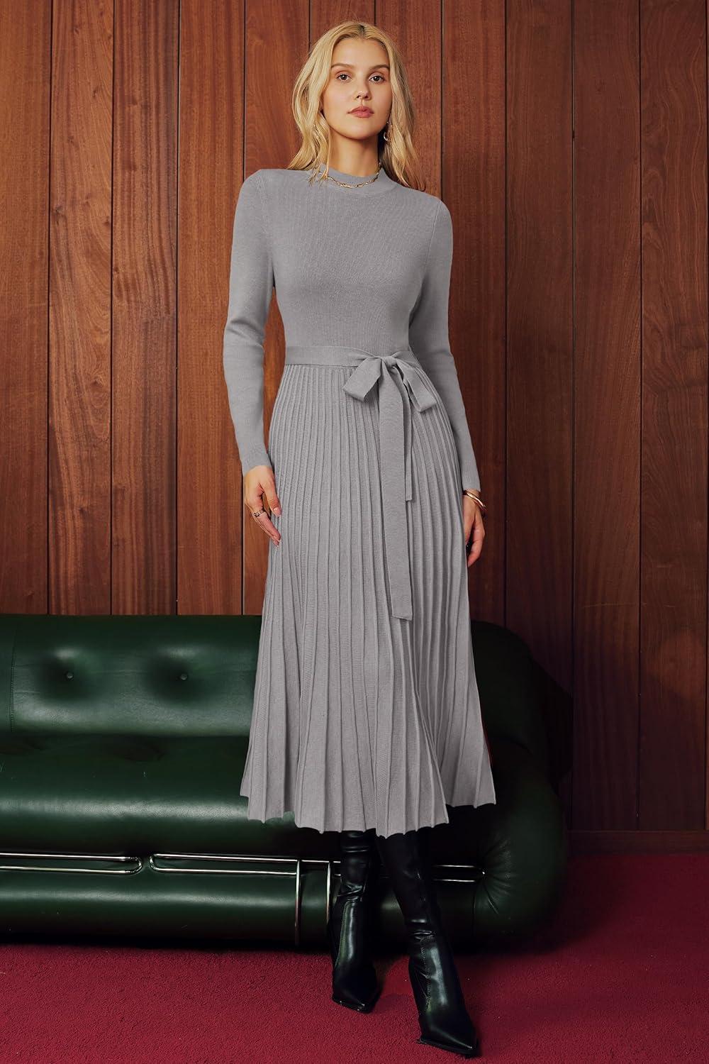 imageArachampampCloz Womens Wool Blend Mock Neck Tie Waist Fall Winter Pleated Sweater Dress 2025Taupe