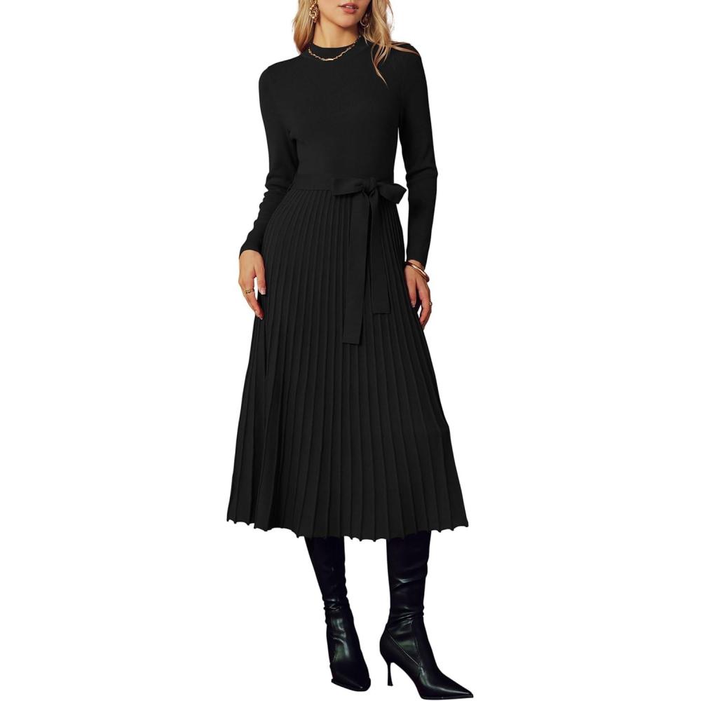 imageArachampampCloz Womens Wool Blend Mock Neck Tie Waist Fall Winter Pleated Sweater Dress 2025Black