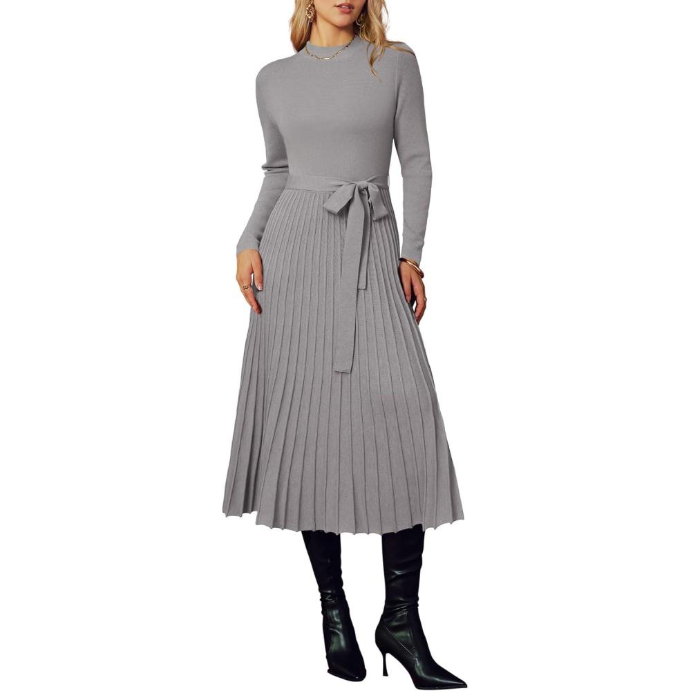imageArachampampCloz Womens Wool Blend Mock Neck Tie Waist Fall Winter Pleated Sweater Dress 2025Taupe