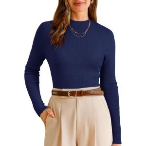 Arach&Cloz Women’s Wool Blend Fall Seamless Rip Resistant Warm Layered Tops Business Casual Sweaters(A-navy)