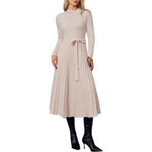 Arach&Cloz Women’s Wool Blend Mock Neck Tie Waist Fall Winter Pleated Sweater Dress 2025(Apricot)