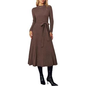 Arach&Cloz Women’s Wool Blend Mock Neck Tie Waist Fall Winter Pleated Sweater Dress 2025(Coffee)
