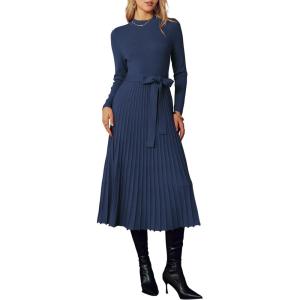 Arach&Cloz Women’s Wool Blend Mock Neck Tie Waist Fall Winter Pleated Sweater Dress 2025(Navy)