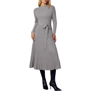 Arach&Cloz Women’s Wool Blend Mock Neck Tie Waist Fall Winter Pleated Sweater Dress 2025(Taupe)