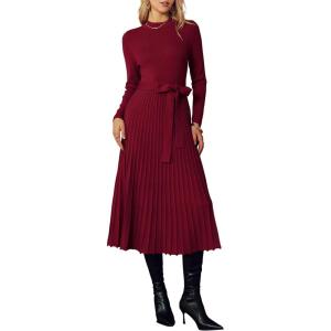 Arach&Cloz Women’s Wool Blend Mock Neck Tie Waist Fall Winter Pleated Sweater Dress 2025(Wine Red)