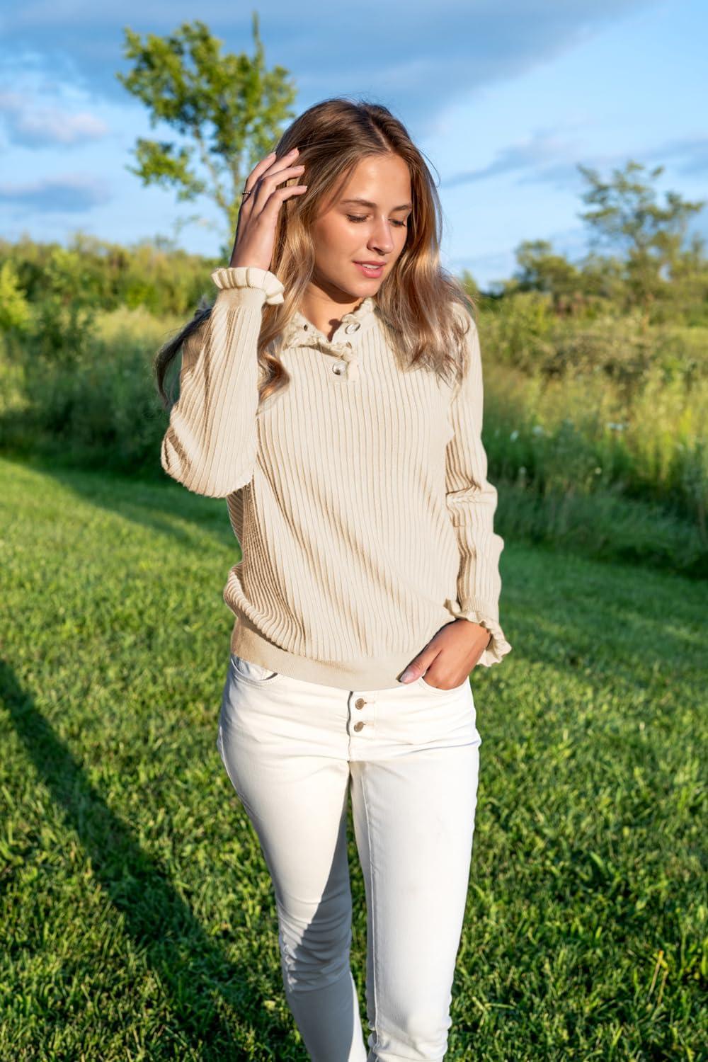 imageArachampampCloz Womens Swaters 2024 Fall Fashion Outfits Long Sleeve Crewneck Knit Tops Ruffle Casual TShirts Cute Tees BlousesApricot