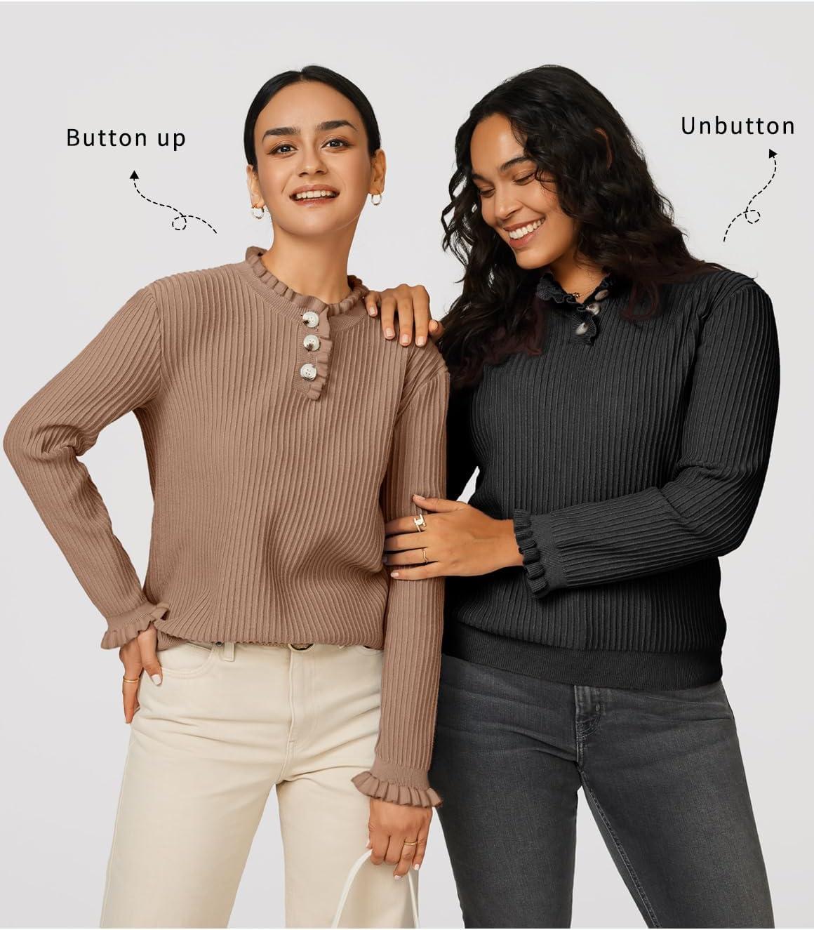 imageArachampampCloz Womens Swaters 2024 Fall Fashion Outfits Long Sleeve Crewneck Knit Tops Ruffle Casual TShirts Cute Tees BlousesBlack