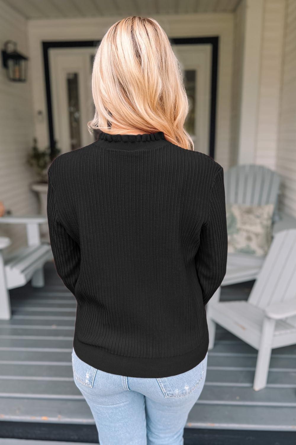 imageArachampampCloz Womens Swaters 2024 Fall Fashion Outfits Long Sleeve Crewneck Knit Tops Ruffle Casual TShirts Cute Tees BlousesBlack