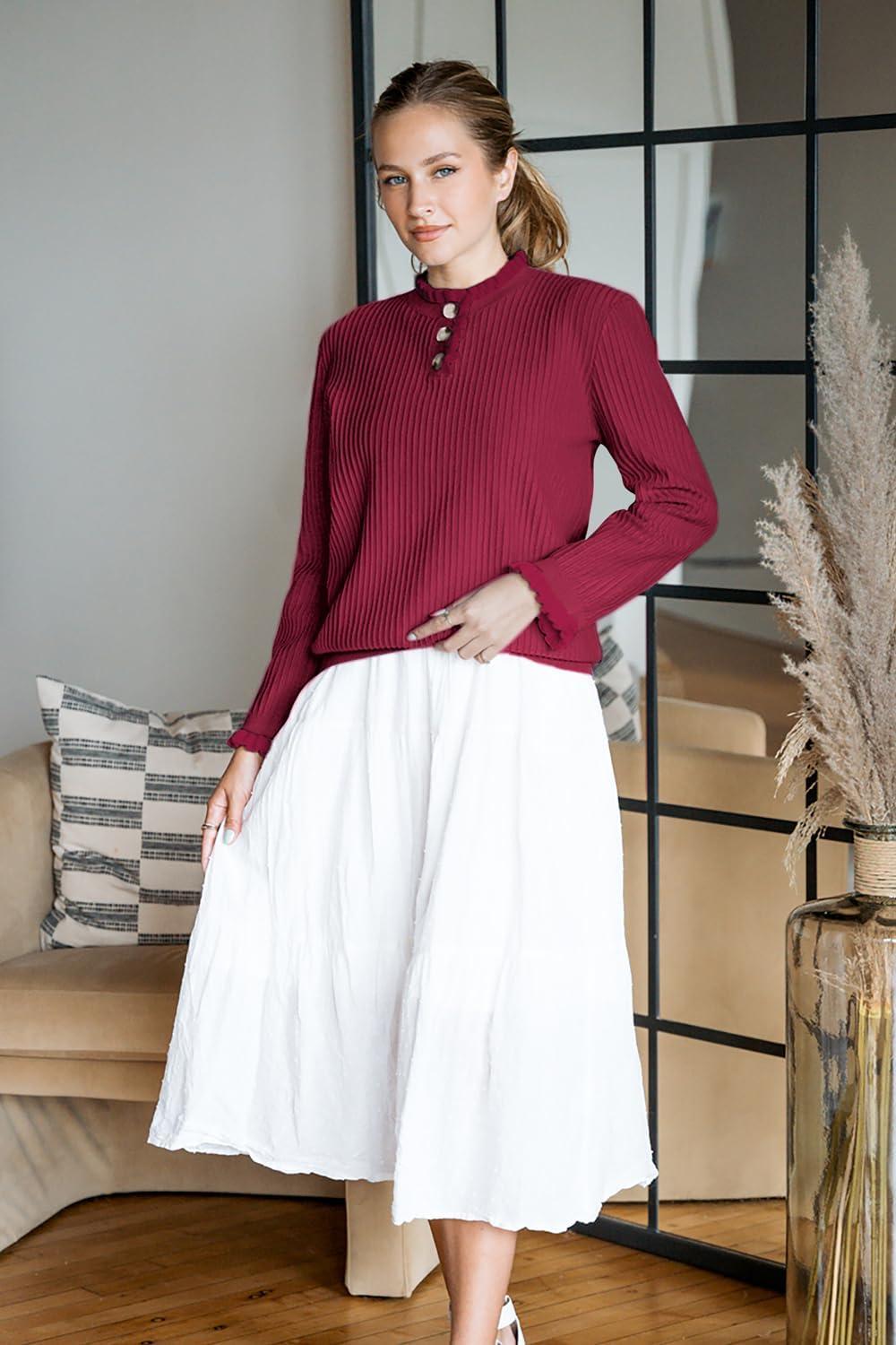 imageArachampampCloz Womens Swaters 2024 Fall Fashion Outfits Long Sleeve Crewneck Knit Tops Ruffle Casual TShirts Cute Tees BlousesBurgundy