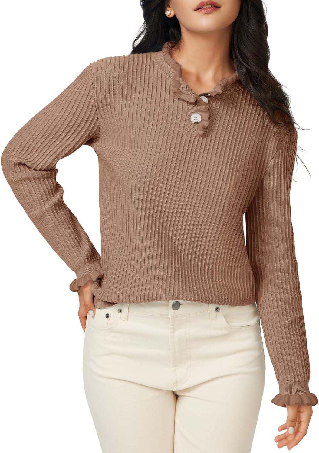 imageArachampampCloz Womens Swaters 2024 Fall Fashion Outfits Long Sleeve Crewneck Knit Tops Ruffle Casual TShirts Cute Tees BlousesCamel