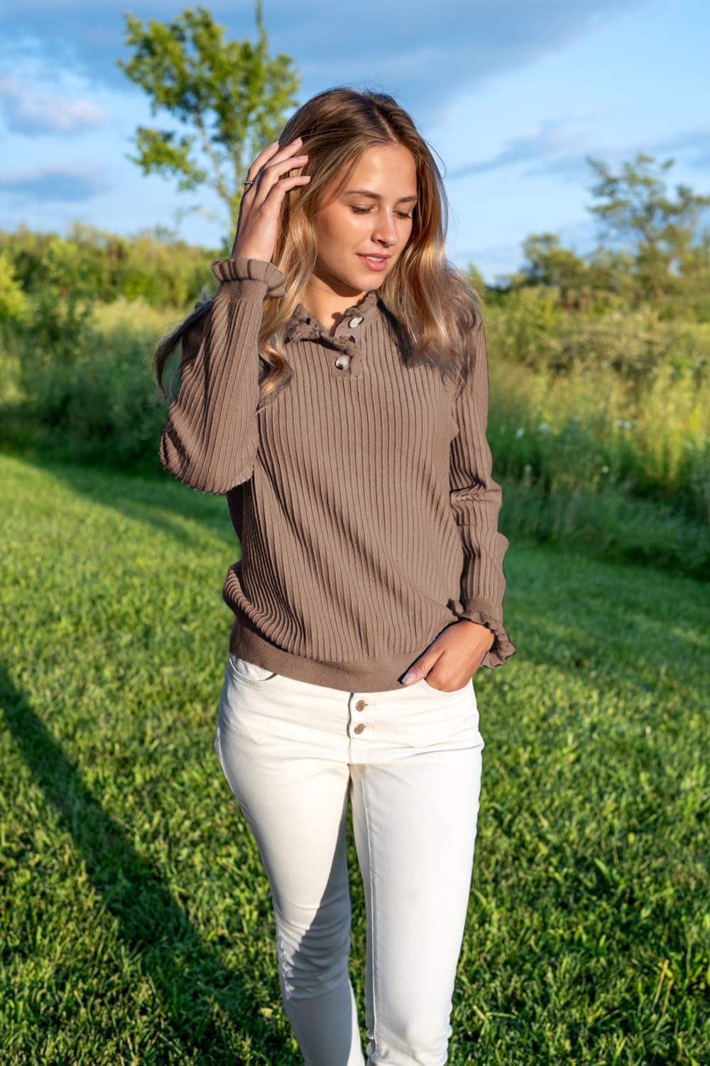 imageArachampampCloz Womens Swaters 2024 Fall Fashion Outfits Long Sleeve Crewneck Knit Tops Ruffle Casual TShirts Cute Tees BlousesCamel