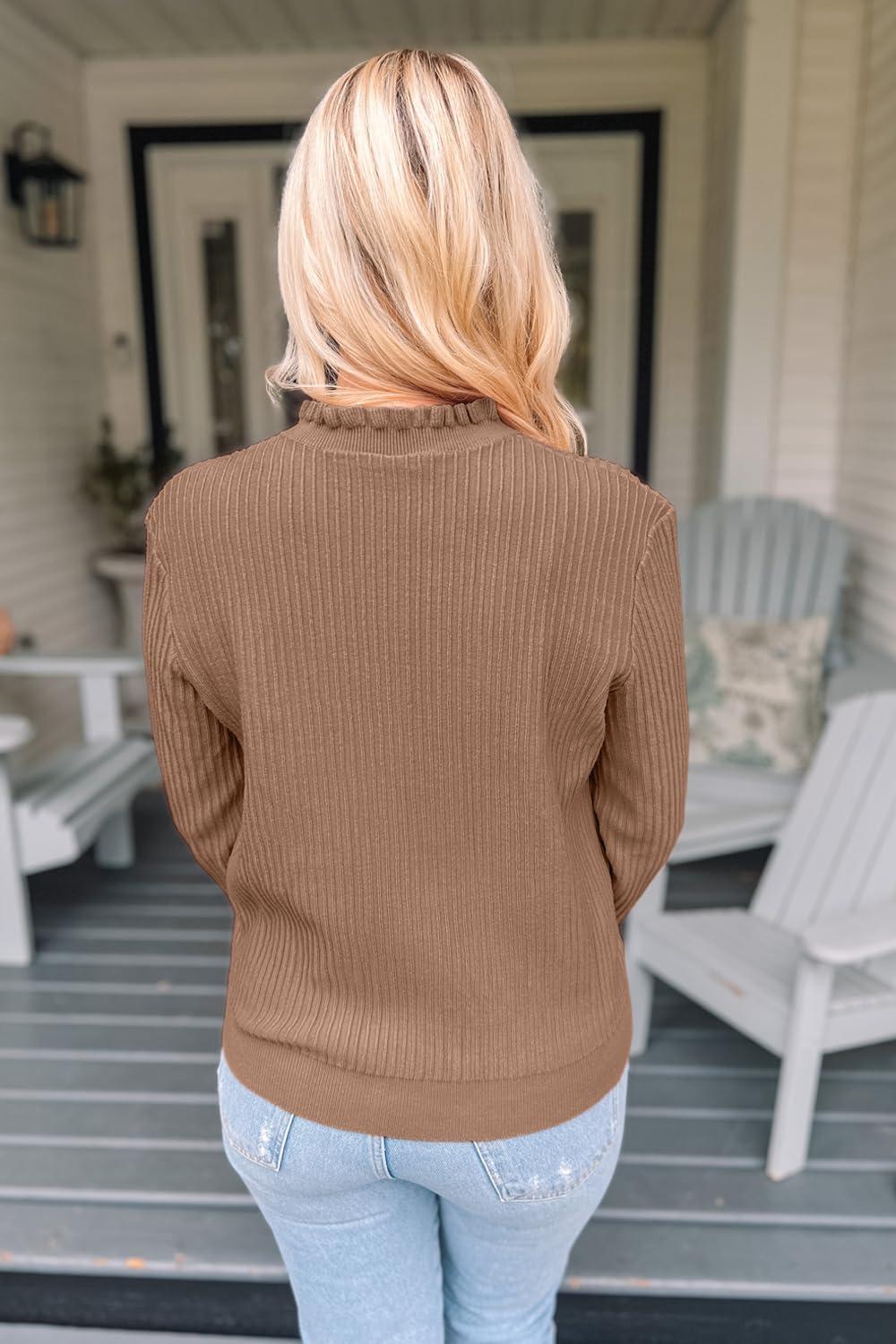 imageArachampampCloz Womens Swaters 2024 Fall Fashion Outfits Long Sleeve Crewneck Knit Tops Ruffle Casual TShirts Cute Tees BlousesCamel