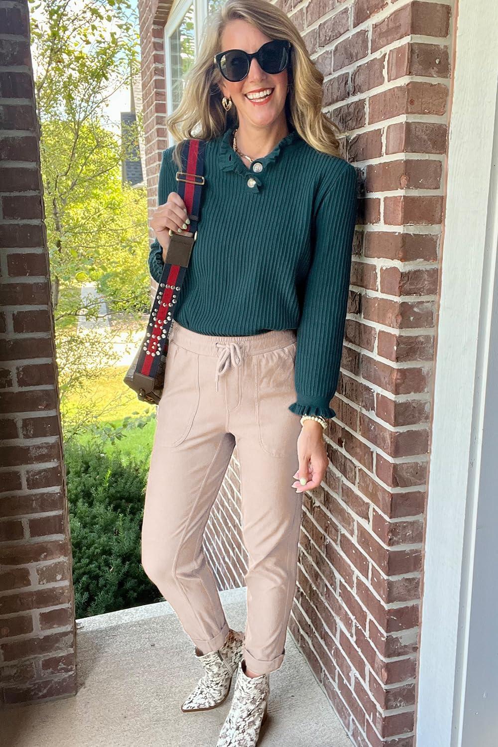 imageArachampampCloz Womens Swaters 2024 Fall Fashion Outfits Long Sleeve Crewneck Knit Tops Ruffle Casual TShirts Cute Tees BlousesGreen