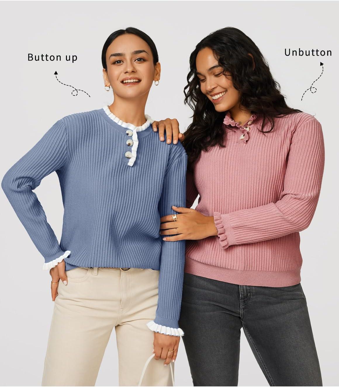 imageArachampampCloz Womens Swaters 2024 Fall Fashion Outfits Long Sleeve Crewneck Knit Tops Ruffle Casual TShirts Cute Tees BlousesPink