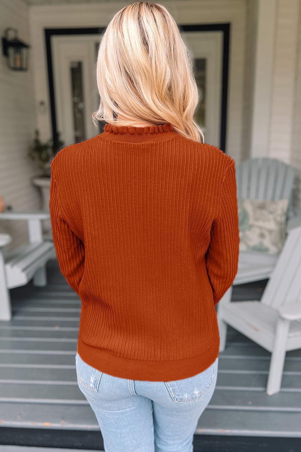 imageArachampampCloz Womens Swaters 2024 Fall Fashion Outfits Long Sleeve Crewneck Knit Tops Ruffle Casual TShirts Cute Tees BlousesRust