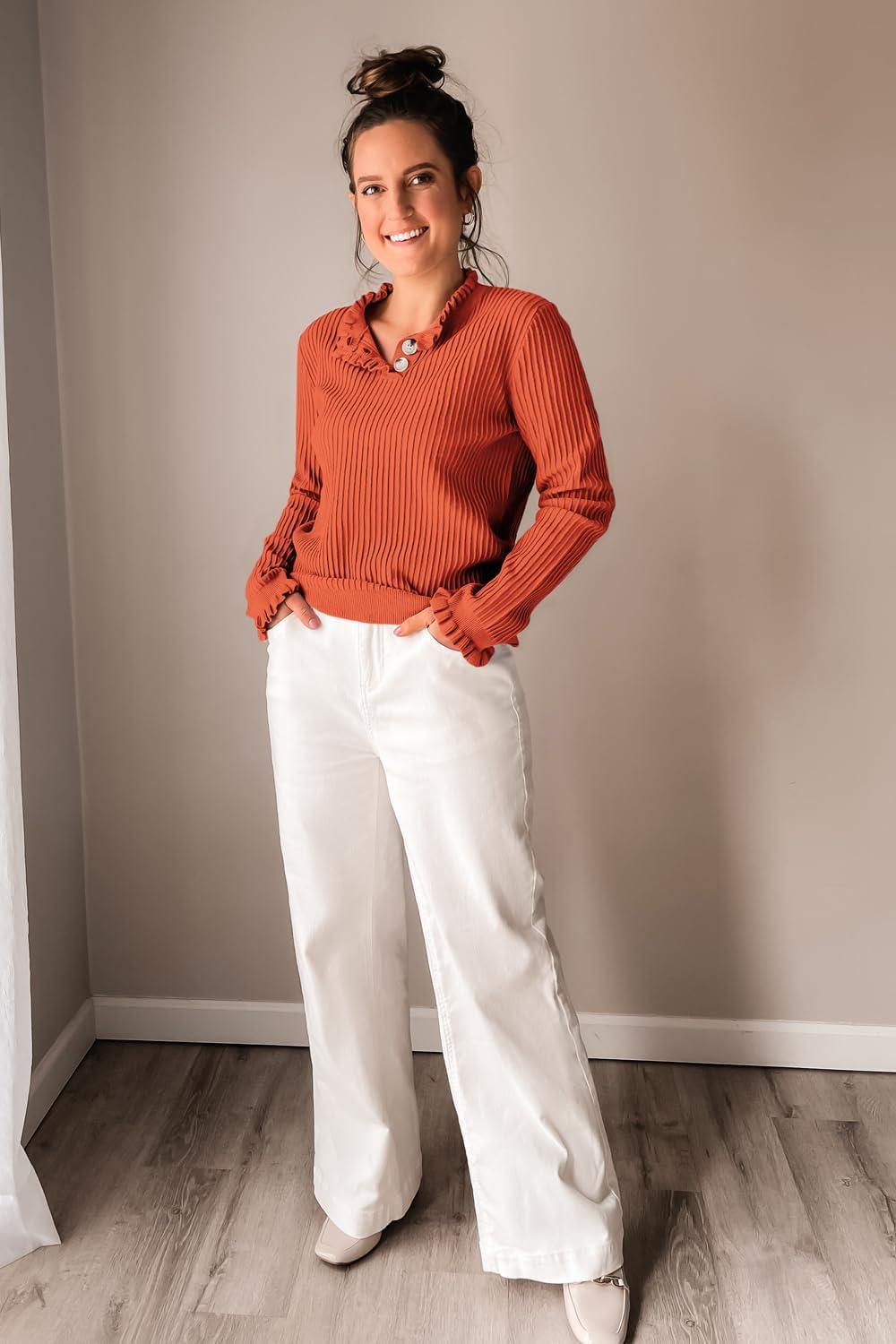 imageArachampampCloz Womens Swaters 2024 Fall Fashion Outfits Long Sleeve Crewneck Knit Tops Ruffle Casual TShirts Cute Tees BlousesRust