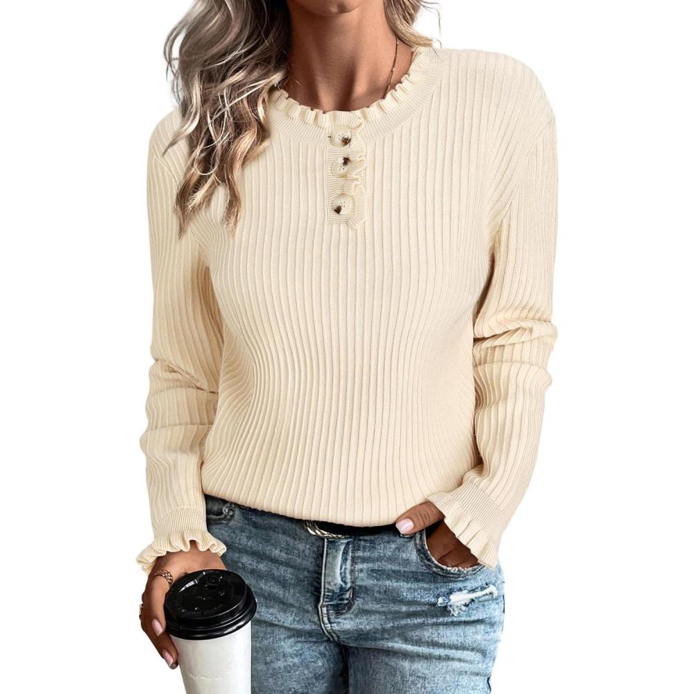 imageArachampampCloz Womens Swaters 2024 Fall Fashion Outfits Long Sleeve Crewneck Knit Tops Ruffle Casual TShirts Cute Tees BlousesApricot