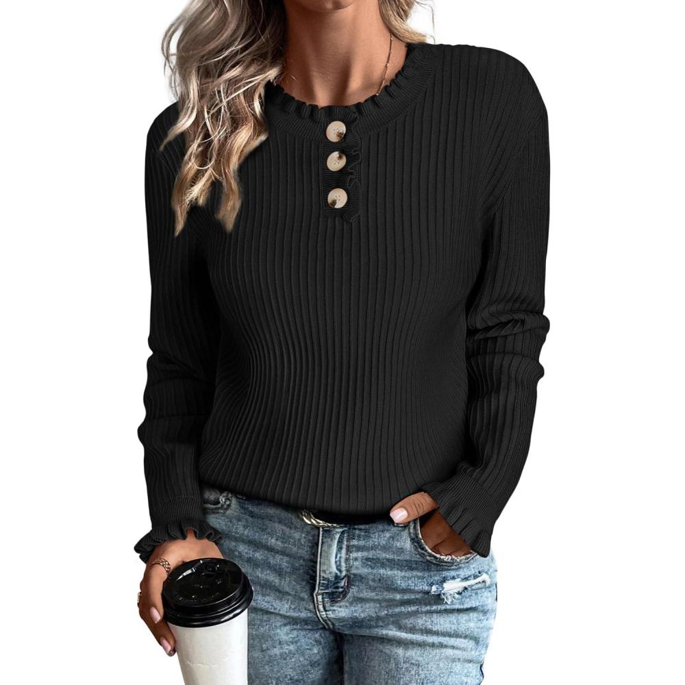 imageArachampampCloz Womens Swaters 2024 Fall Fashion Outfits Long Sleeve Crewneck Knit Tops Ruffle Casual TShirts Cute Tees BlousesBlack