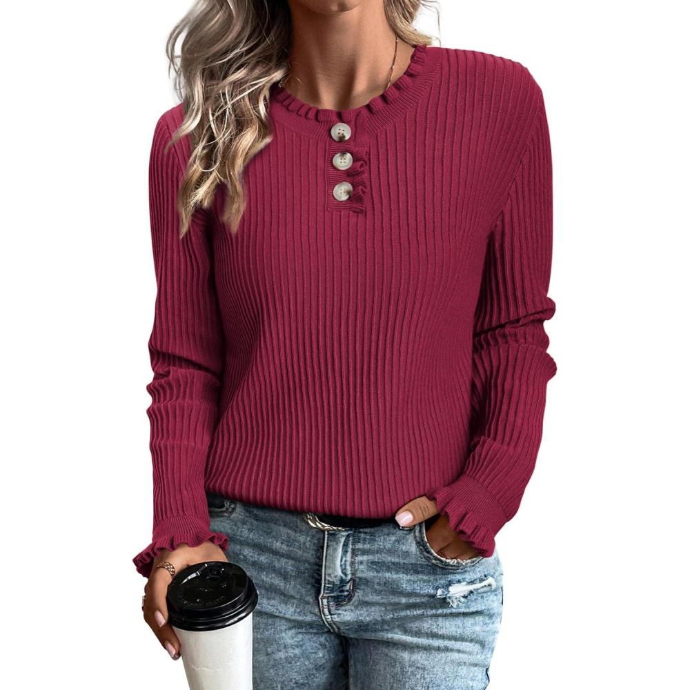 imageArachampampCloz Womens Swaters 2024 Fall Fashion Outfits Long Sleeve Crewneck Knit Tops Ruffle Casual TShirts Cute Tees BlousesBurgundy