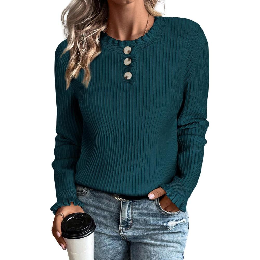 imageArachampampCloz Womens Swaters 2024 Fall Fashion Outfits Long Sleeve Crewneck Knit Tops Ruffle Casual TShirts Cute Tees BlousesGreen