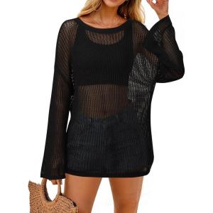 Arach&Cloz Women’s Linen Summer Fall Lightweight Crochet Tops Beach Cover Up 2025(Black)