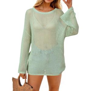 Arach&Cloz Women’s Linen Summer Fall Lightweight Crochet Tops Beach Cover Up 2025(Green)