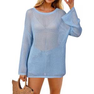 Arach&Cloz Women’s Linen Summer Fall Lightweight Crochet Tops Beach Cover Up 2025(Light Blue)