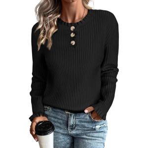Arach&Cloz Womens Swaters 2024 Fall Fashion Outfits Long Sleeve Crewneck Knit Tops Ruffle Casual T-Shirts Cute Tees Blouses(Black)