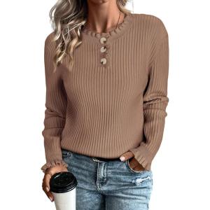 Arach&Cloz Womens Swaters 2024 Fall Fashion Outfits Long Sleeve Crewneck Knit Tops Ruffle Casual T-Shirts Cute Tees Blouses(Camel)