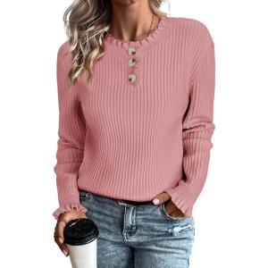 Arach&Cloz Womens Swaters 2024 Fall Fashion Outfits Long Sleeve Crewneck Knit Tops Ruffle Casual T-Shirts Cute Tees Blouses(Pink)