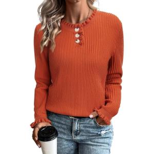 Arach&Cloz Womens Swaters 2024 Fall Fashion Outfits Long Sleeve Crewneck Knit Tops Ruffle Casual T-Shirts Cute Tees Blouses(Rust)