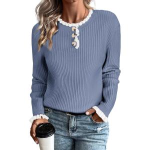 Arach&Cloz Womens Swaters 2024 Fall Fashion Outfits Long Sleeve Crewneck Knit Tops Ruffle Casual T-Shirts Cute Tees Blouses(Sky Blue)