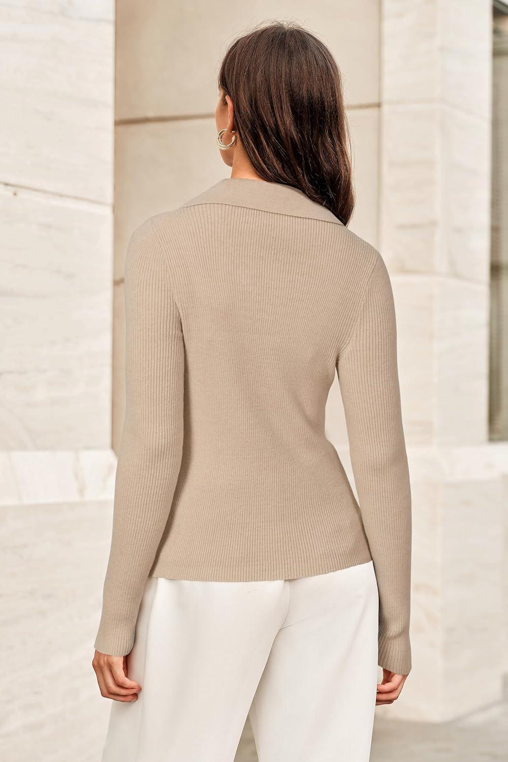 imageArachampampCloz Womens Wool Blend Polo Sweater Shirt Business Casual Slim Fitted Fall Tops 2025Apricot